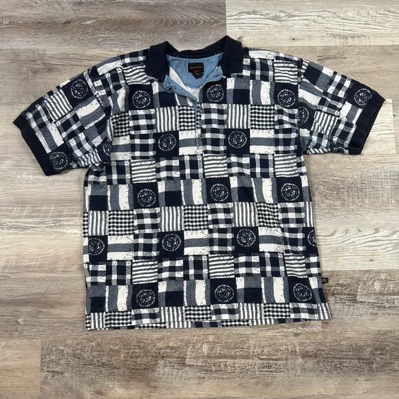 Vintage Structure Patchwork Polo Shirt Blue White 90s Made in Hong Kong XL - Picture 1 of 5